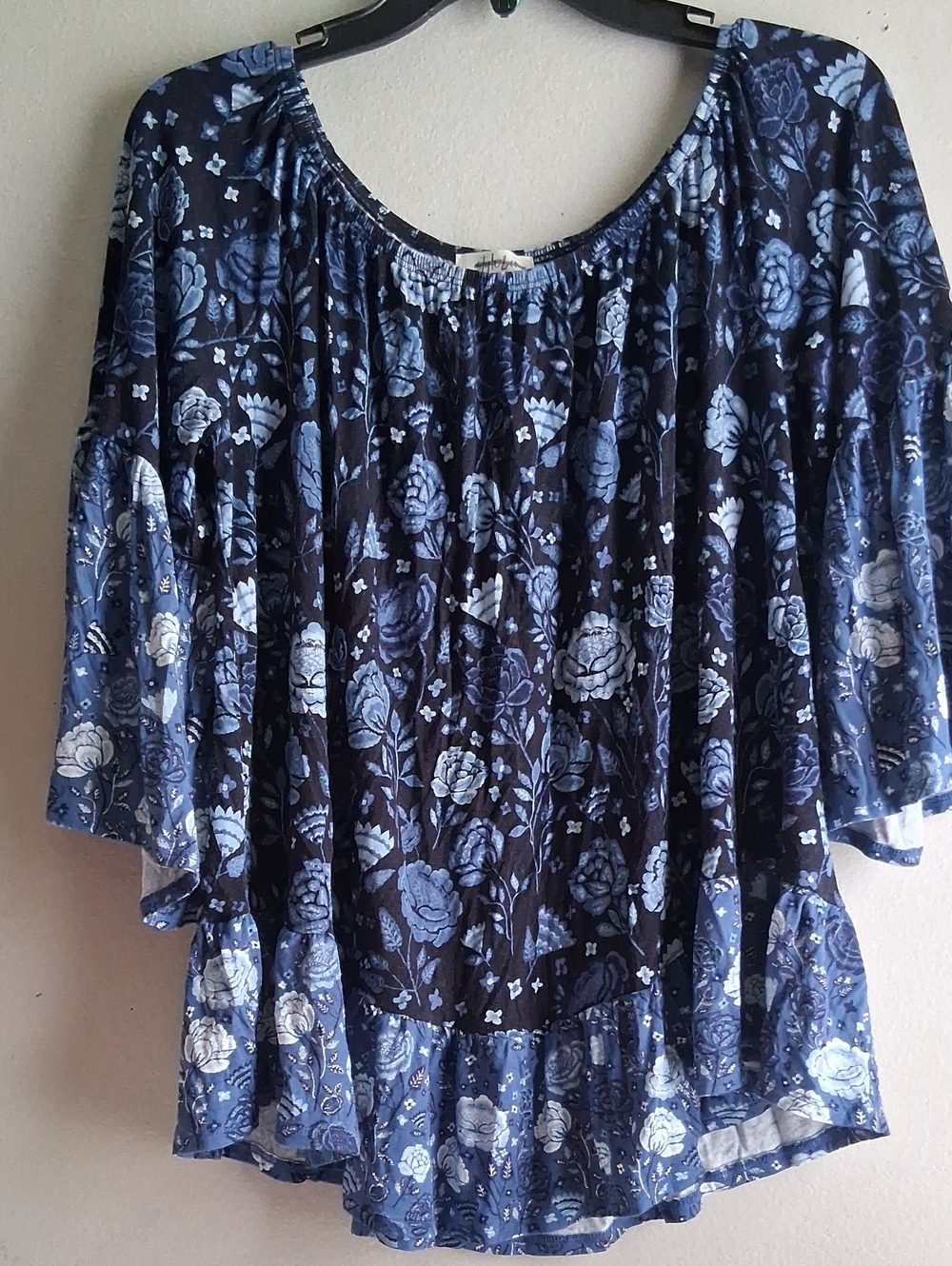 Style & Co. Navy and Light Blue Floral Peasant Tunic/ Blouse